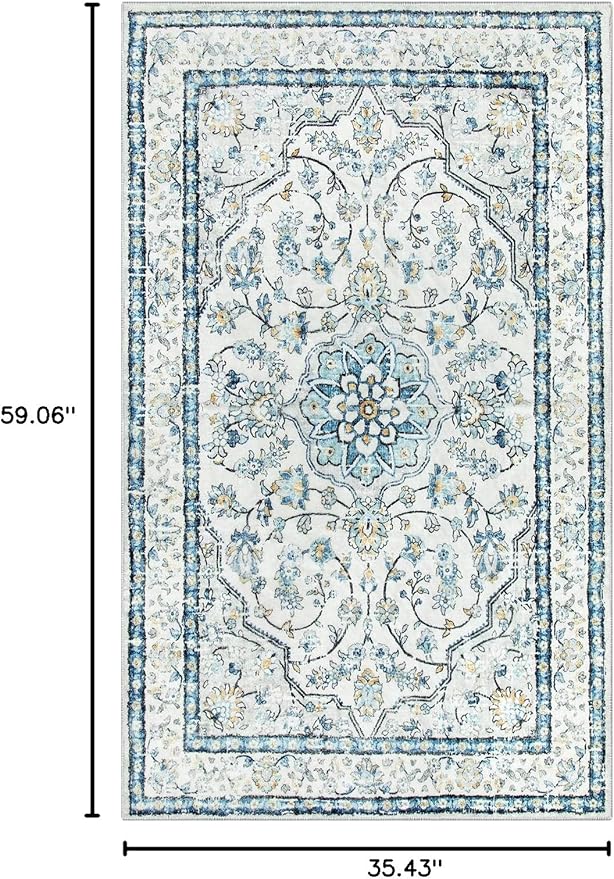 Lahome Oriental Blue Rug,Washable 3x5 Entryway Rugs Non-Slip with Rubber Backing,Soft Boho Front Door Carpet Indoor Entrance,Traditional Vintage Thin Throw Mats for Bathroom Bedroom Kitchen,(3x5ft)
