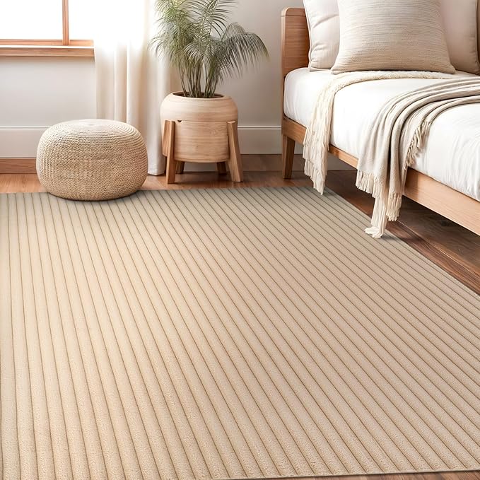 Beverly Rug Non Slip Area Rug 4 x 6 Modern Durable Ultra Soft Ribbed Indoor Rugs for Living Dining Room Office Stain Resistant Non Shedding Casual Easy Shag Indoor Carpet Beige 4x6