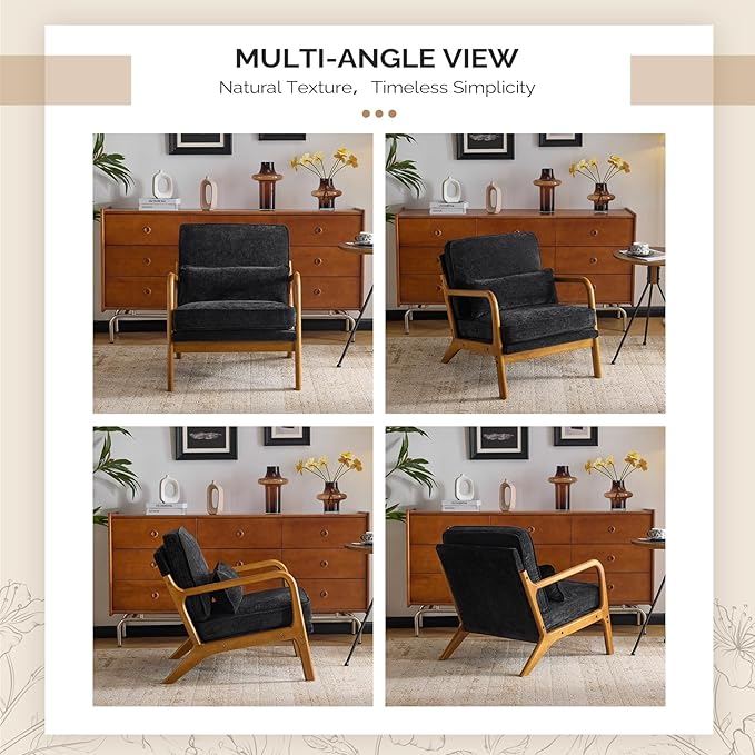 VINGLI Chenille Mid-Century Modern Accent Chair, Cute Reading Arm Chair with Cushion & Lumbar Pillow & Solid Wood Frame for Lounge, Living Room, Reading Room, Bedroom, Black