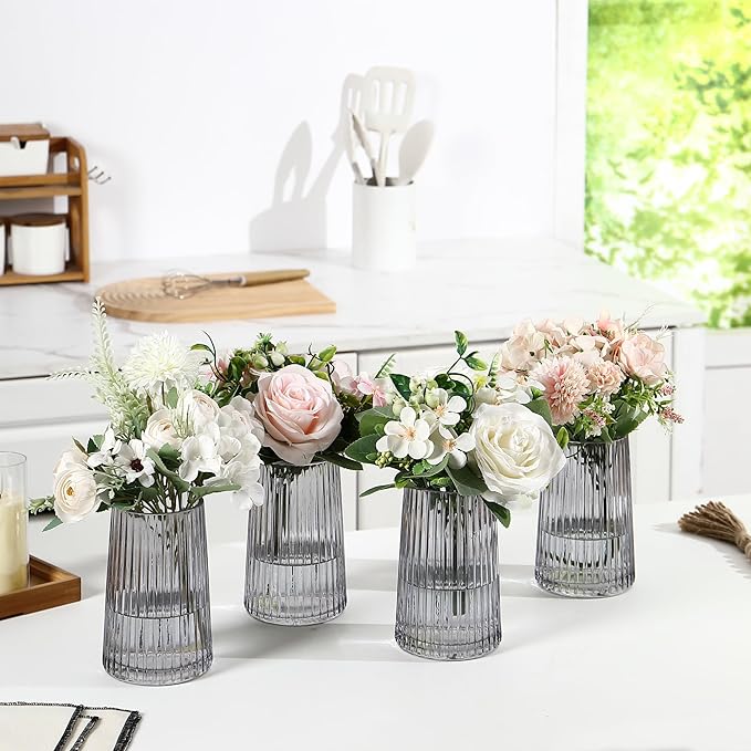 Black Glass Vases Set of 4, Small Vases for Flowers, Flower Vase for Bouquet, Modern Ribbed Glass Vase for Living Room, Bedroom, Dining Table, Office, Wedding, Centerpieces