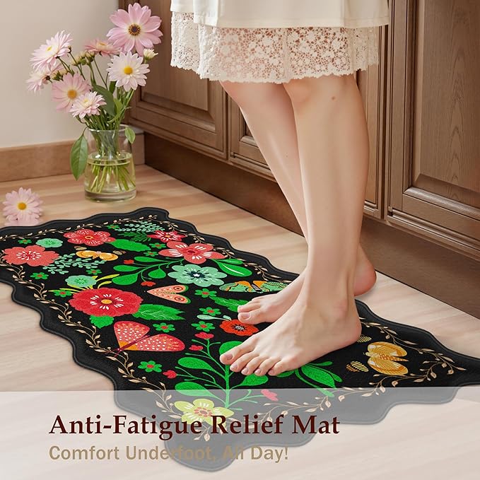 Scalloped Black Kitchen Mats for Floor 2PC Cushioned Anti Fatigue Kitchen Mats Rugs Waterproof Non Slip Boho Floral Comfort Foam Standing Mat for Sink Laundry,17.3x30+17.3x59