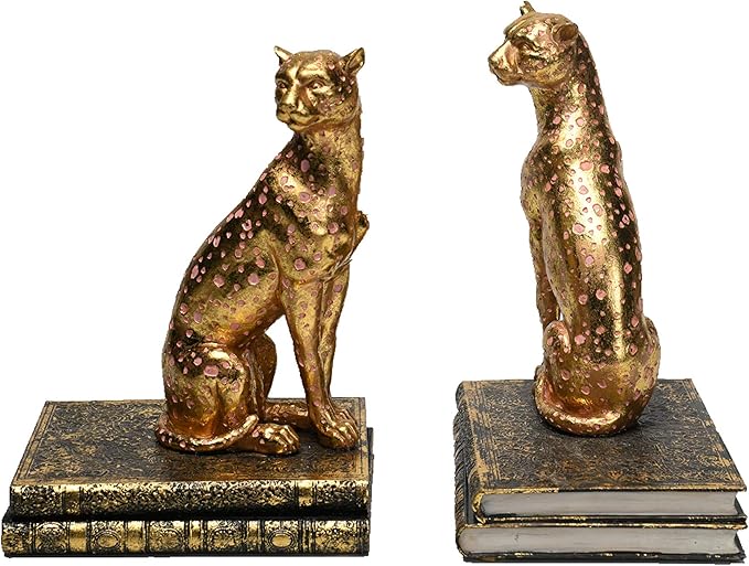 Comfy Hour Gold Cheetah Decorative Bookends, Unique Leopard Wildlife Art Book Ends for Shelves, Heavy Duty Resin Animal Statues for Books, 1 Pair