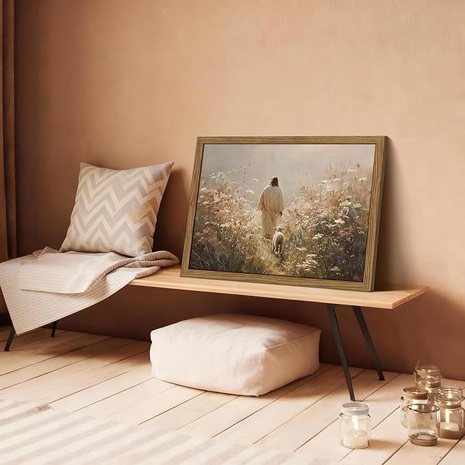 Framed Jesus Leaves the 99 Sheep Canvas Wall Art, Christian Canvas Wall Decor, The Lost Sheep Posters Prints Home Decor for Living Room Bedroom Church Prayer 16x24 inch