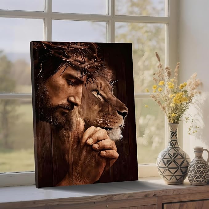 Framed Christian Jesus Canvas Wall Art, Lion of Judah Pictures Wall Decor, Biblical Paintings Prints Religious Home Decor for Living Room Bedroom Church Prayer Room 12x16 inch