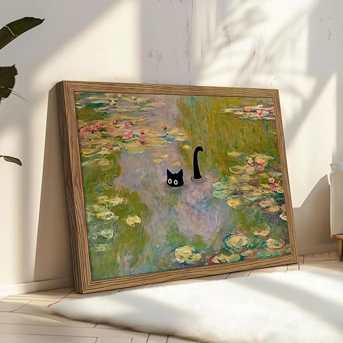 Framed Cat Wall Art, Pink Whimsical Claude Monet Wall Decor, Funny Black Cat Bathroom Pictures Paintings, Vintage Cute Animal Water Lilies Aesthetic Posters Prints for Bathroom Bedroom 16x24 Inch