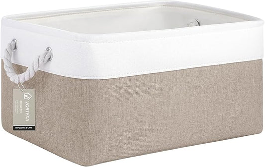 Large Storage Baskets- 15.7x11.8x8.26 inch Storage Bins for Shelves and Closet Organizing, Foldable Fabric Bin for Home Organization Clothes and Laundry (1-Pack, White&Khaki)