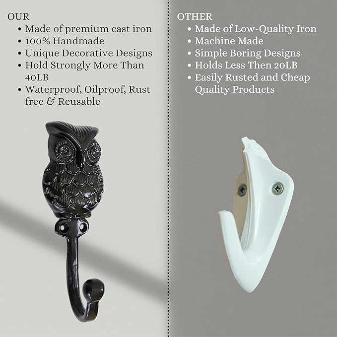 Set of 3 Cast Iron OWL Shape Coat Hooks Wall Art Decor-OWL Shape Hangers and Key Holder-Clothes Rack and Backpack Hanger-Coat Hooks Home Decor for Storage,Living Room