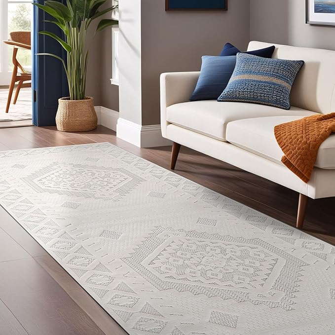 Luul Home Modern Micro Loop Indoor Runner Rugs for Living Room Bedroom Kitchen Geometric Trellis White 2x7 Luxury Durable Low and High Pile Non-Shedding Stain Resistant Soft Area Carpet 2 x 7