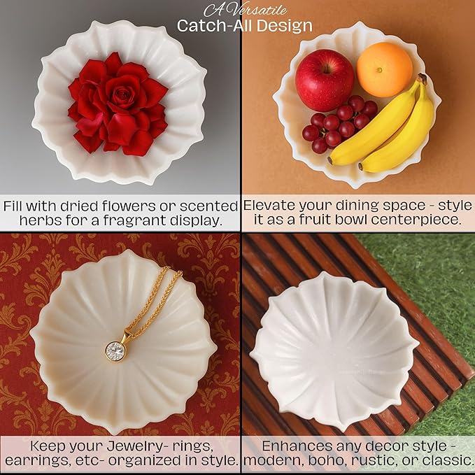 SWADESHI BLESSINGS HandCrafted Marble Lotus Bowl/Organic Modern Home Decor Bowl/Fruit Bowl/Vintage Ring Dish/Decorative Flower Dish/HouseWarming Gifts/Wedding Gifts/Urli (6 Inches)