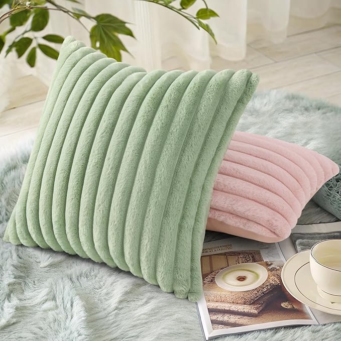 decorUhome Faux Fur Spring Throw Pillow Covers 18x18 Set of 2, Decorative Soft Plush Striped Neutral Couch Pillow Covers with Velvet Back for Sofa, Bed, Living Room Home, Sage Green