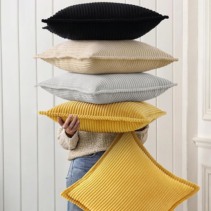decorUhome Spring Corduroy Black Throw Pillow Covers 20x20 Set of 2 Decorative Soft Boho Farmhouse Couch Pillow Covers for Living Room Bed Sofa Broadside Striped Pillow Cases