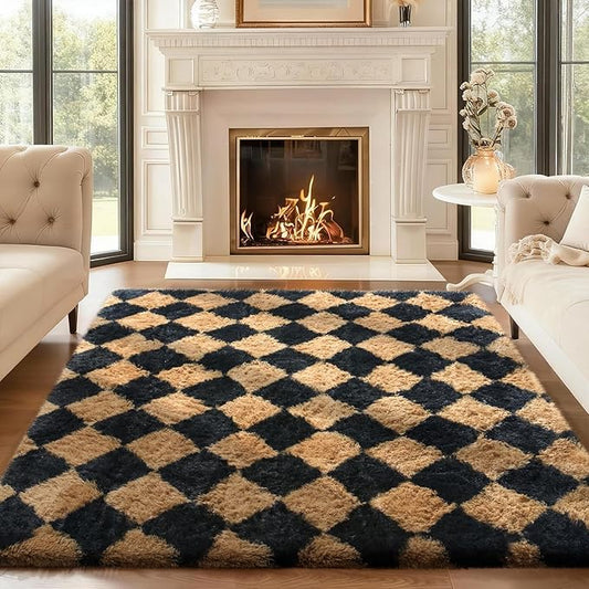 Ophanie Checkered Black & Beige Rhombus Rugs for Living Room Bedroom, Fluffy Soft Cute Fuzzy Area Rug, Plush Shaggy Bedside Floor 4x6 Furry Carpet for Kids Baby Teen Dorm Nursery Home Decor Aesthetic