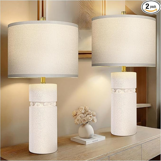 24" Ivory Modern Ceramic Bedside Table Lamps Set of 2, Boho Tables Lamps for Living Room with 3-Way Dimmable Bulb, Rustic Nightstand Lamp with Linen Shade for Bedroom Office (Bulbs Included)