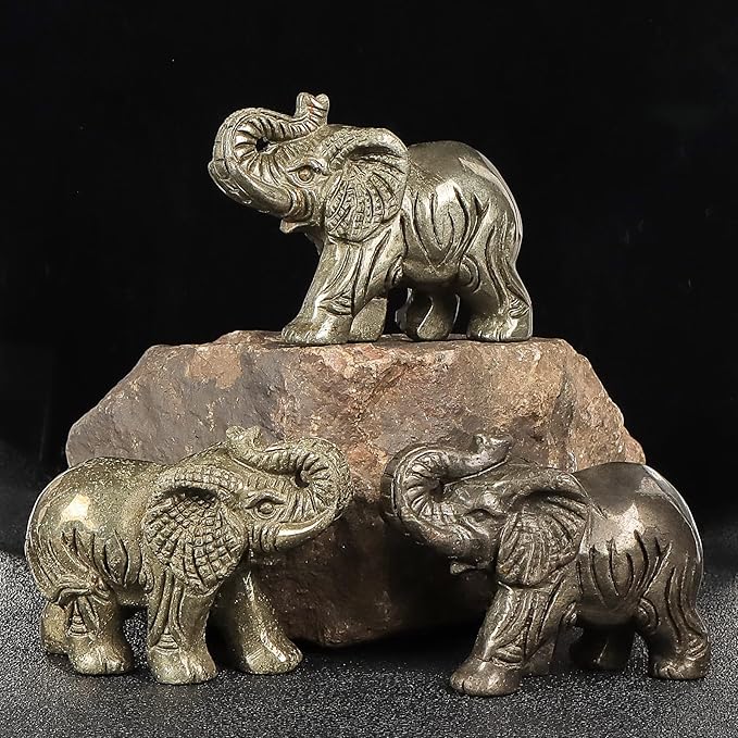 2.5" Pyrite Crystal Elephant Statue - Hand Carved Healing Craft Home Office Decor & Gifts