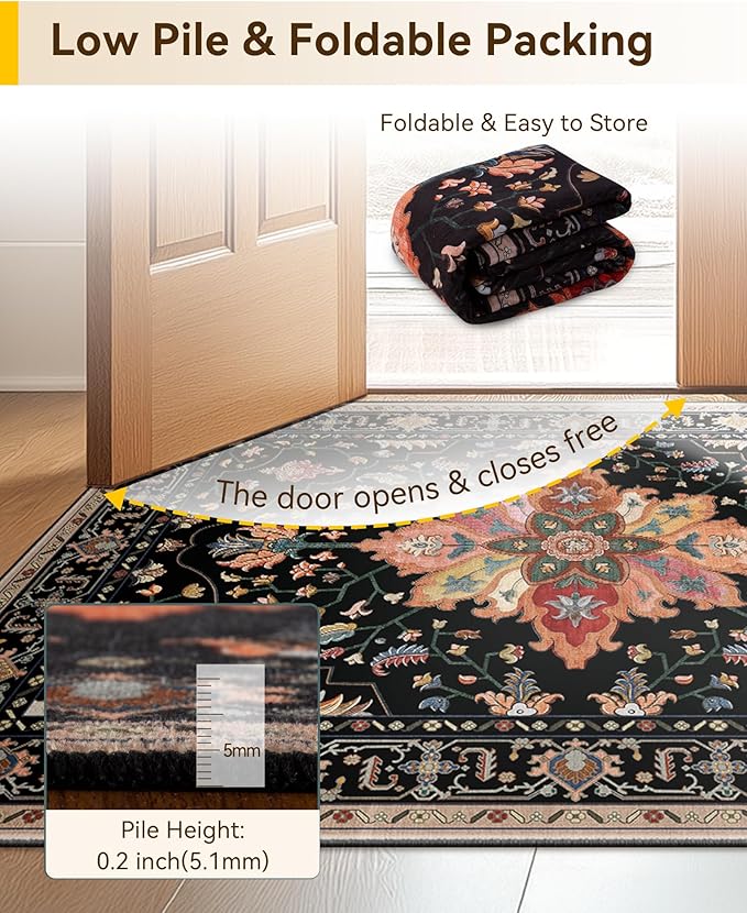 RELEANY Area Rugs 2'6''x8' Washable Non-Slip, Floral Vintage Distress Print Pattern Medallion Carpet for Living Room Bedroom Dining Room, Black Colorful Floral Dark Tan
