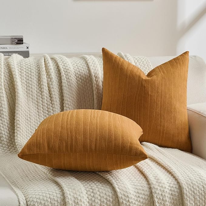 FUTEI Rust Chenille Decorative Throw Pillow Covers 12x20 Inch Set of 2,Soft Crushed Striped Texture Lumbar Pillow Cases,Modern Home Decor for Couch Bed Living Room