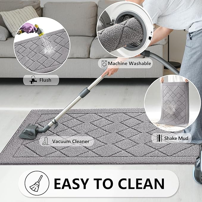 REFETONE Indoor Doormat, Front Back Door Mat 32"x40" Rubber Backing Non Slip Mats, Absorbent Washable Entrance Doormat for Entryway, Resist Dirt Low-Profile Inside Floor Mat for Muddy Shoes Light Grey