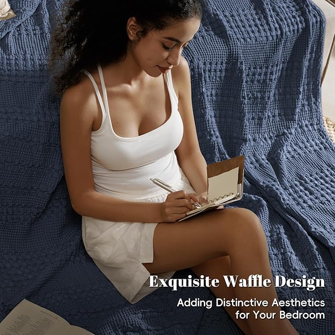 PHF 100% Cotton Waffle Weave Blanket King Size for Bed, Soft Lightweight & Breathable, All-Season Comfort, 300 GSM Luxury Aesthetic Blanket for Home Decor, 108"x90", Indigo
