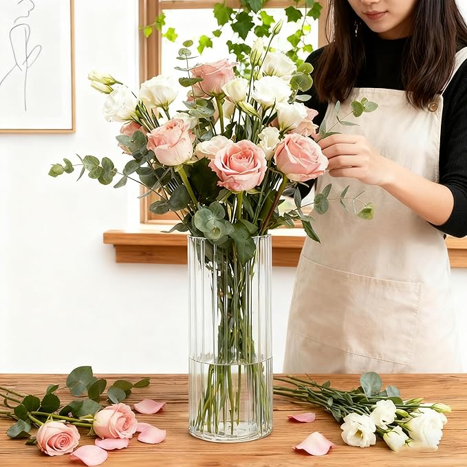 Flower Vase, Non-breakable Vase for Flower, Ribbed Acrylic Vase, 4"W x 10"H Tall Clear Cylinder Vases for Centerpieces, Living Room, Dining Table, Office, Bookshelf Decoration Housewarming Gift