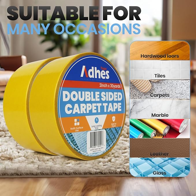 ADHES Double Sided Carpet Tape for Area Rugs – 2 Inch x 40 Yards, Heavy Duty Adhesive, Residue-Free, Rug Tape Gripper for Hardwood Floors, Tile, and Carpeted Surfaces