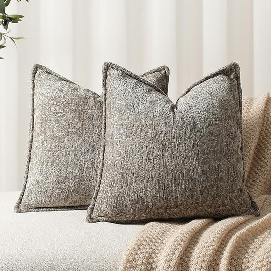 DEZENE Pack of 2 Grey Decorative Throw Pillow Covers 16x16 Cozy Soft Chenille Accent Vintage Square Couch Pillow Covers for Home Decor Bed Sofa Living Room