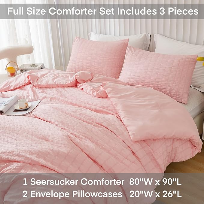AveLom Blush Pink Seersucker Full Comforter Set (80x90 inches), 3 Pieces - 100% Soft Washed Microfiber Lightweight Comforter with 2 Pillowcases, All Season Down Alternative Comforter Set for Bedding