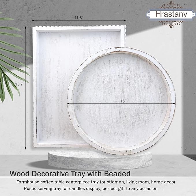 Wood Decorative Coffee Table Serving Tray, Farmhouse Rectangular Tray with Wooden Bead for Ottoman, Entertaining, Home Decor, 15.7”*11.8”*1.57” (Whitewashed)