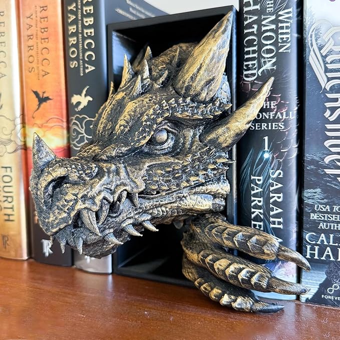 Dragon Bookshelf Decor Gothic Fantasy Bookends Black Animal Statues for Shelves Book Lovers Gifts Unique Resin Shelf Holder Set (10"*6.1"*4.9") Home Office Decorative (Antique Gold)