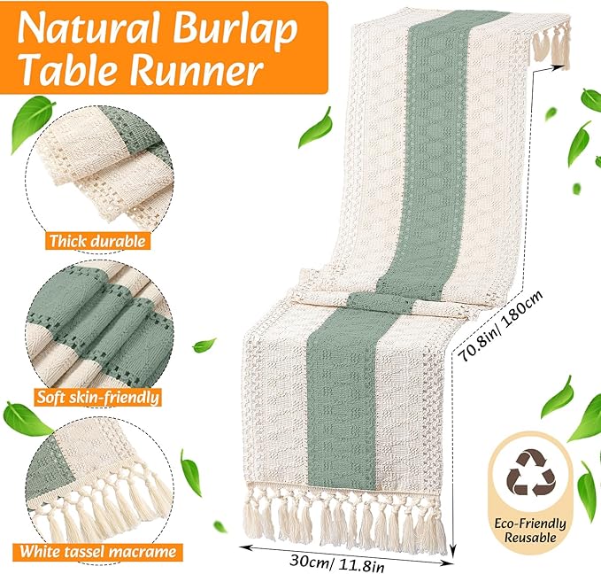 6 Sets Boho Placemats Round Woven Placemats, Cloth Napkins, Wood Bead Napkin Rings, Long Table Runner and Farmhouse Rustic Natural Burlap Cotton for Kitchen Dining Table Home (Green)