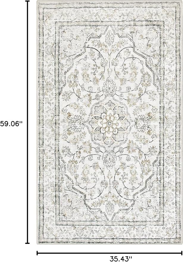 Lahome Oriental Washable Rugs 3x5, Rug for Entryway Indoor Non-Slip, Ultra-Thin Soft Boho Area Rug for Bedroom, Traditional Vintage Low-Pile Entry Throw Rugs Mats for Bathroom Kitchen,(3x5ft, Beige)