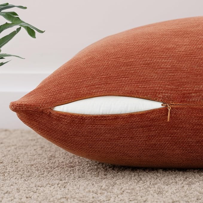Set of 4 Rust Red Throw Pillow Covers 18x18 Inch, Neutral Boho Farmhouse Aesthetic Decorative Pillow Cases for Couch, Sofa, Living Room & Bed, Soft Chenille Pillow Cases, Stylish Home Decor, 45x45 cm