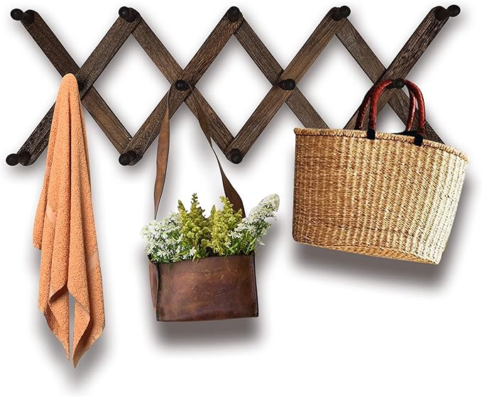 Expandable Wooden Coat Rack Hanger - Accordion Wall Hanger with Expanding Wall Pegs | Hand Made Vintage Wooden Hat Rack for Wall | Hang Coat, Jacket, Hat | Wall Rack – 14 Hook, Washed Gray