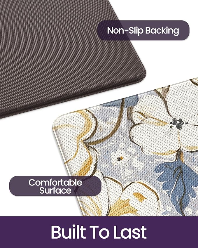 DEXI Kitchen Mats for Floor 2 Piece Set, 17x29+17x59, Cushioned Standing Mat Anti Fatigue, Waterproof Comfort Floral Padded for Laundry Room Office, Blue and Yellow