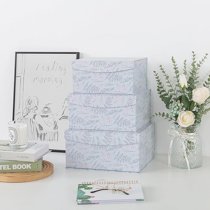 Soul & Lane Decorative Storage Boxes with Magnetic Closure, Set of 3 Memory Keepsake Boxes with Lids, Cardboard Storage for Gifts, Organizing, and Home Décor, Cottage Sprig