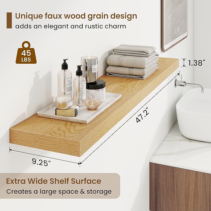 48in Floating Shelves for Wall, 48"W x 9.25"D x 1.25"H, 2 Pack Long Wall Mounted Engineered Wood Shelves with Invisible Brackets for Living Room, Bedroom, Bathroom, Kitchen Decor and Storage, Oak
