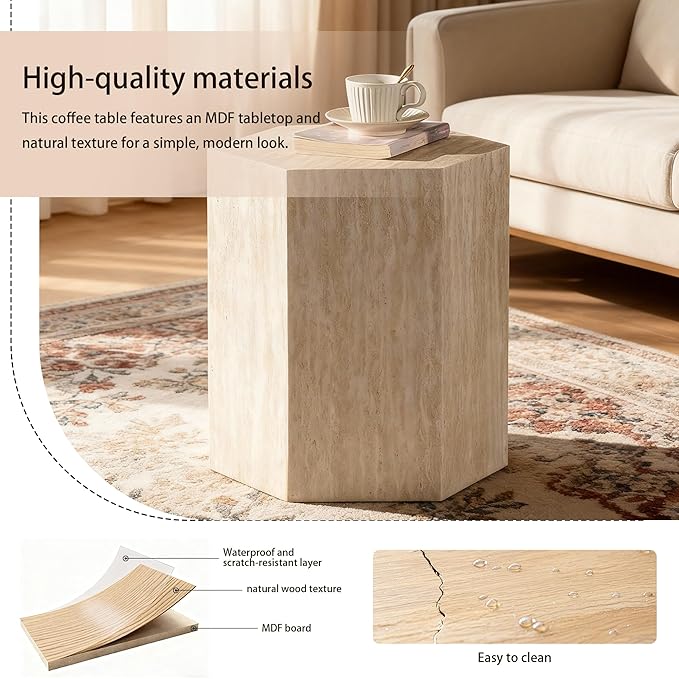 Modern Hexagonal Side Table, Walnut Wood MDF Coffee Table with Natural Texture, Non-Slip Surface, 15.7x13.8x18.9 Inches (Travertine)