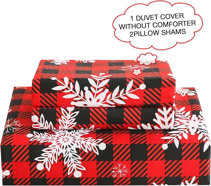 JSD Red Buffalo Plaid Snowflakes Duvet Cover Set King Size, 3 Piece Christmas Winter Printed Microfiber Duvet Comforter Covers