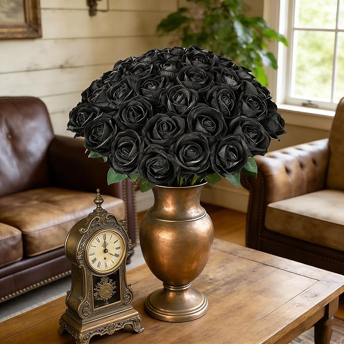50 PCS Black Roses Artificial Flowers, Fake Roses with Stem Realistic Silk Roses for DIY Wedding Bouquets Table Centerpieces Arrangements Baby Shower Birthday Home Decor Valentine's Day Gift for Her