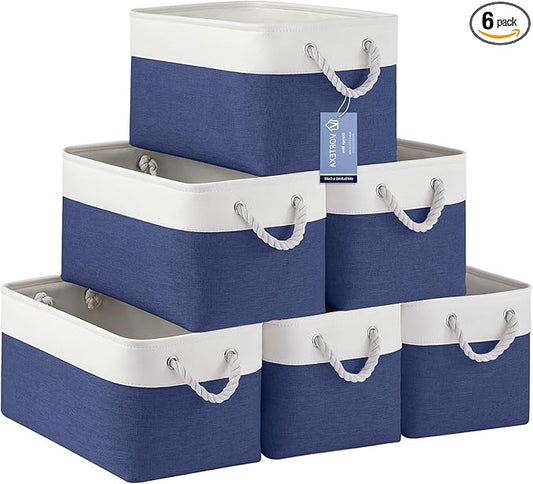 Large Storage Baskets- 15x11x10 inch Storage Bins for Shelves and Closet Organizing, Foldable Fabric Bin for Home Organization Clothes and Laundry (6-Pack, White&Blue)