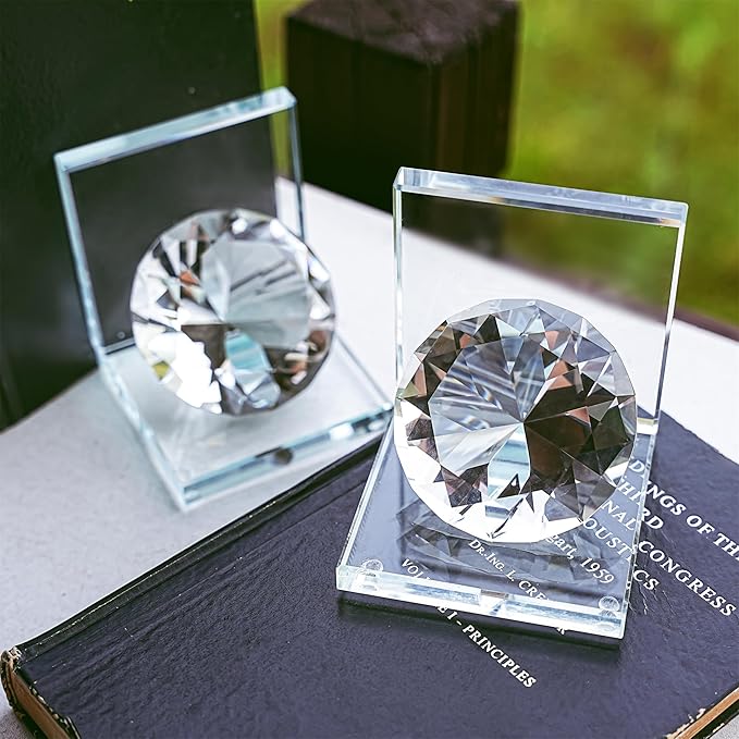 1 Pair Crystal Bookends with 80mm Clear Diamond, L Shaped Heavy Duty Book End for Shelves Non Skid Bookends Book Stopper, 4inch