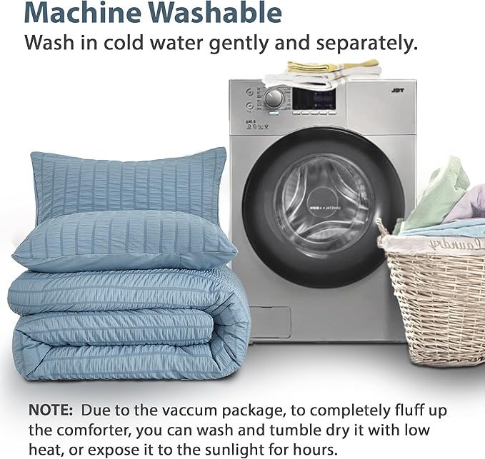 AveLom Seersucker Comforter Set Twin, Grayish Blue, 68x90, 1 Comforter and 1 Pillowcase