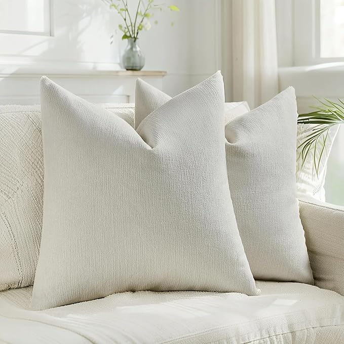 HAUSSY Cream White Throw Pillow Covers 20x20 Inch Set of 2,Boho Decorative Faux Linen Throw Pillows Cozy Farmhouse Accent Cushion Covers,Home Decor for Couch Sofa Bed Living Room