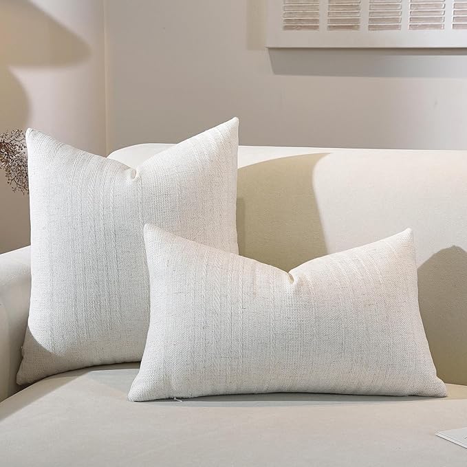 QDTTSRY Natural Linen Throw Pillow Covers Set of 2-22x22 Inch Rustic Striped Farmhouse Decor Pillowcase, Breathable & Soft Neutral Beige Linen Cushion Covers for Couch Sofa Bedroom Living Room