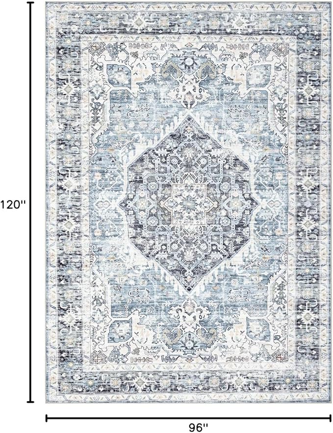 Domitapis Area Rug 8×10, Large Vintage Boho Rug,Ultra-Soft Low Pile, Washable, Non Slip,Stain Resistant, Printed Carpet for Living Room Bedrooms Playroom Office Kitchen, Light Blue