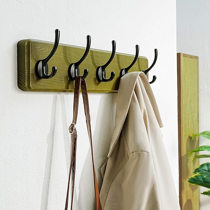 Dseap Coat Rack Wall: 24" Long, Patented, Heavy-Duty, 6-Double-Hooks Wooden Wall Mounted Coat Rack Coat Hanger Hook Rail for Winter Coats Hat Jacket Clothing, Weathered Green, Pack of 2