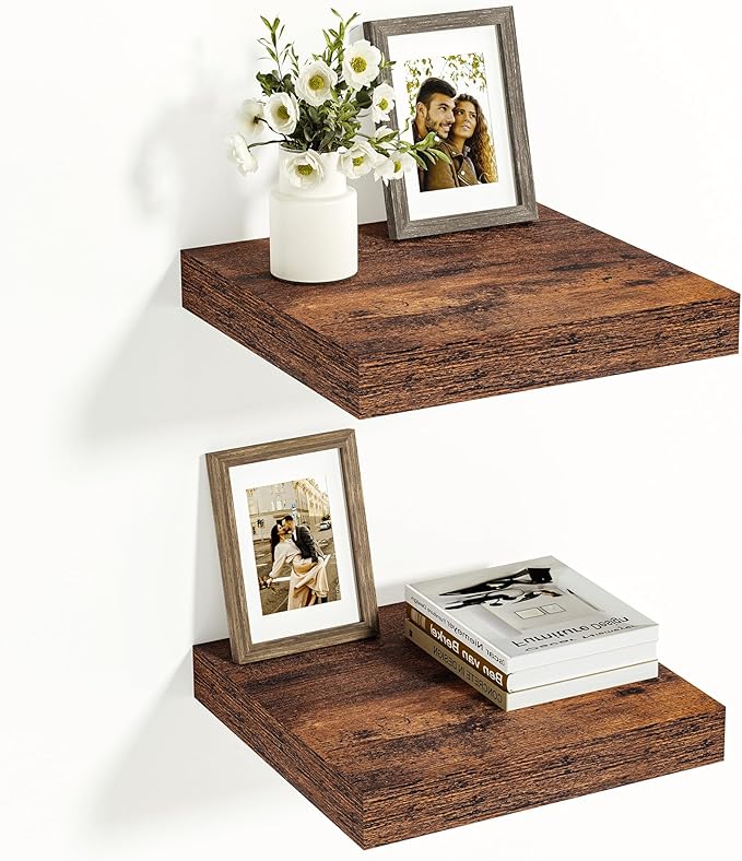 Vivelove 12" Deep Floating Shelves for Wall, [Wood Grain Texture] 12" Long Wall Shelves for Living Room Bedroom Bathroom Kitchen Office, Farmhouse Rustic Shelves Home Decor, Set of 2, Rustic Brown