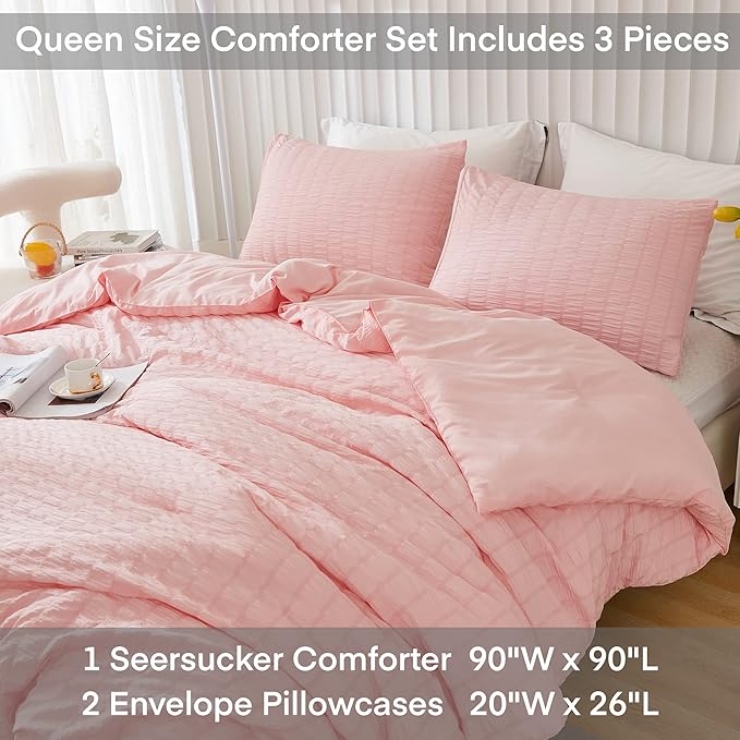 AveLom Blush Pink Seersucker Queen Comforter Set (90x90 inches), 3 Pieces - 100% Soft Washed Microfiber Lightweight Comforter with 2 Pillowcases, All Season Down Alternative Comforter Set for Bedding