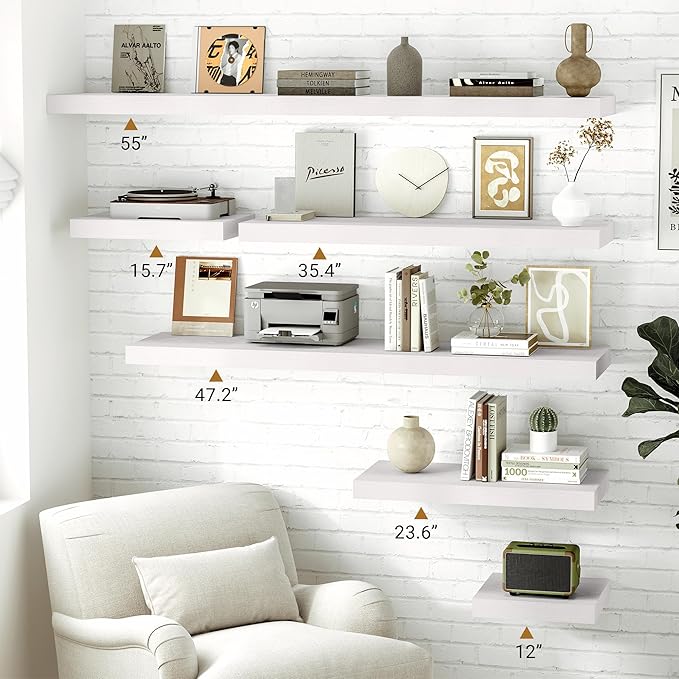Vivelove White Floating Shelves 12 Inches Deep, [Wood Grain Texture] 35.4x12 Floating Shelves for Wall with Invisible Brackets, Room Shelves for Living Room Bedroom Bathroom Kitchen Office, Set of 2