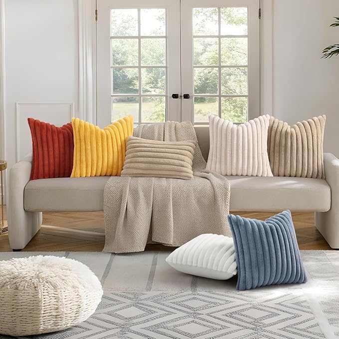 decorUhome Faux Fur Spring Throw Pillow Covers 22x22 Set of 2, Decorative Soft Plush Striped Neutral Couch Euro Sham Pillow Covers with Velvet Back for Sofa, Bed, Living Room Home, Grey Blue