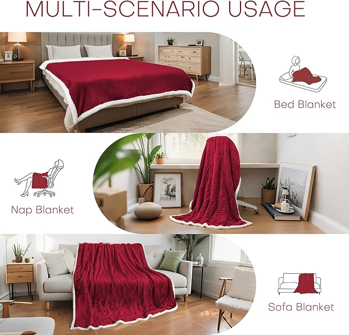 LUXIAN Electric Heated Blanket Twin Size 62"x84" - Microplush & Sherpa Fabric Dual-Sided, 9 Heat Settings & 1-10 Hours Auto Off, Cozy Warming Throw for Home, Office, or Bed, Machine Washable，Wine Red